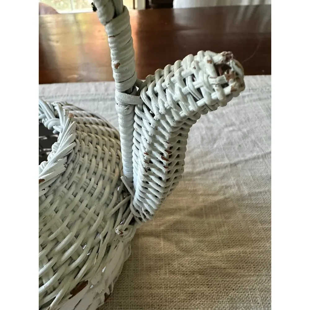Vintage White Wicker Teapot Shape Basket Cottage Decor 6.5